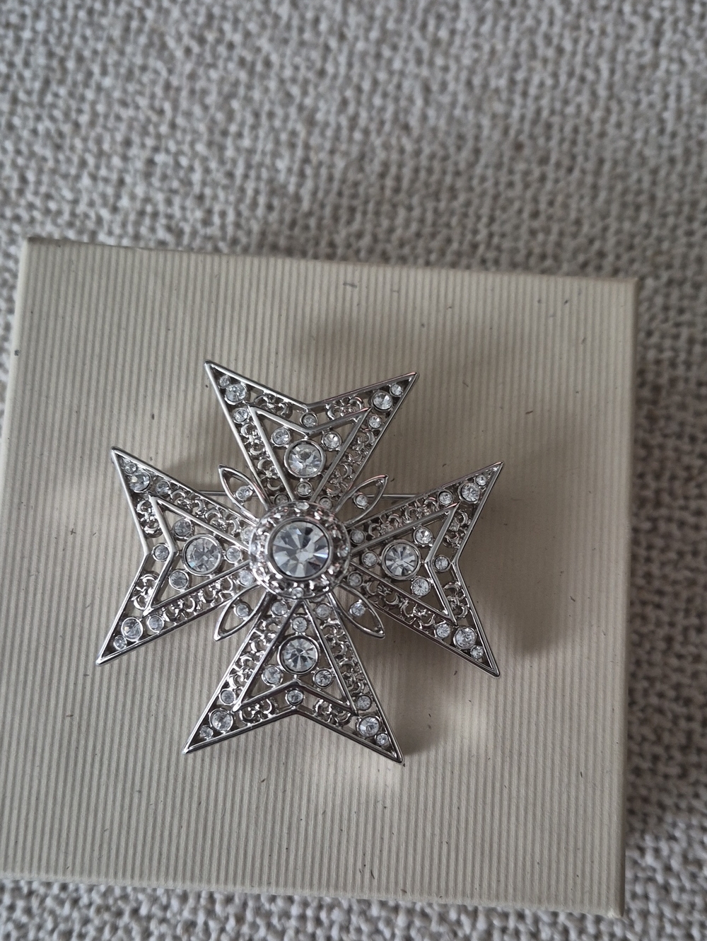 Crystal Silver Tone Maltese Cross Brooch